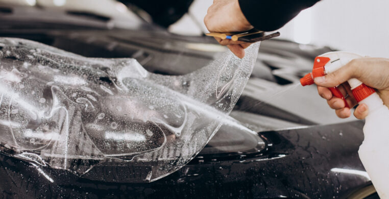 Male worker wrapping car with ptotective foil Male worker wrapping car with ptotective foil